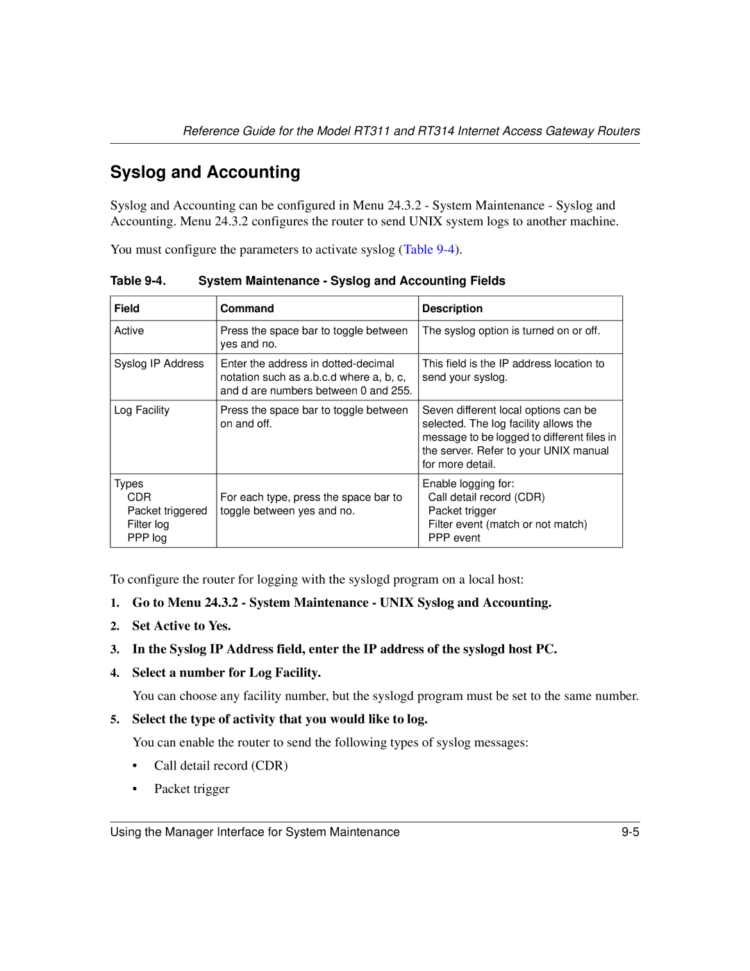 NETGEAR RT311, RT314 manual System Maintenance Syslog and Accounting Fields 