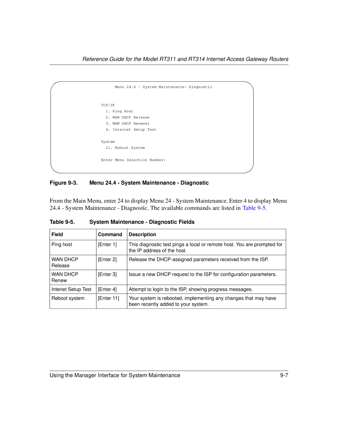 NETGEAR RT311, RT314 manual Menu 24.4 System Maintenance Diagnostic, System Maintenance Diagnostic Fields 