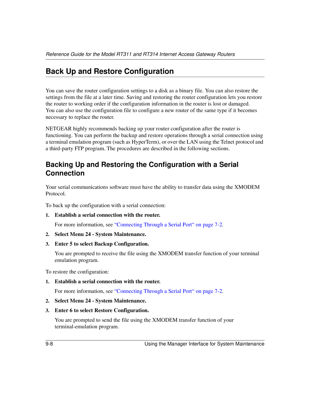 NETGEAR RT314, RT311 manual Back Up and Restore Configuration 