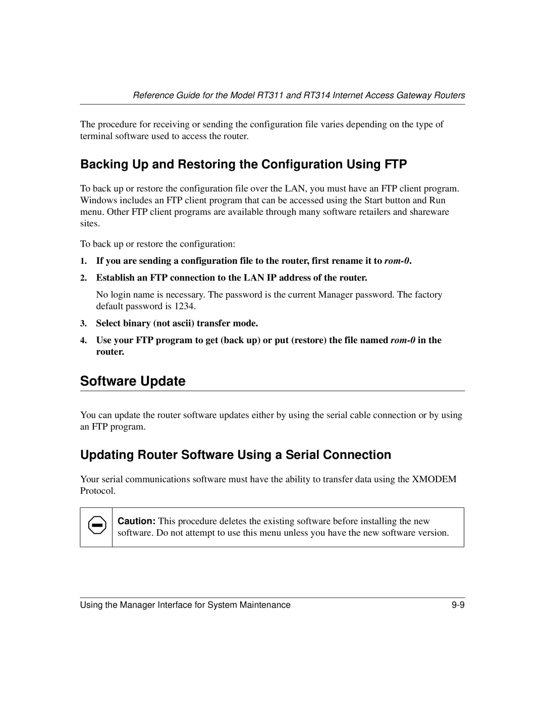 NETGEAR RT311, RT314 manual Software Update, Backing Up and Restoring the Configuration Using FTP 