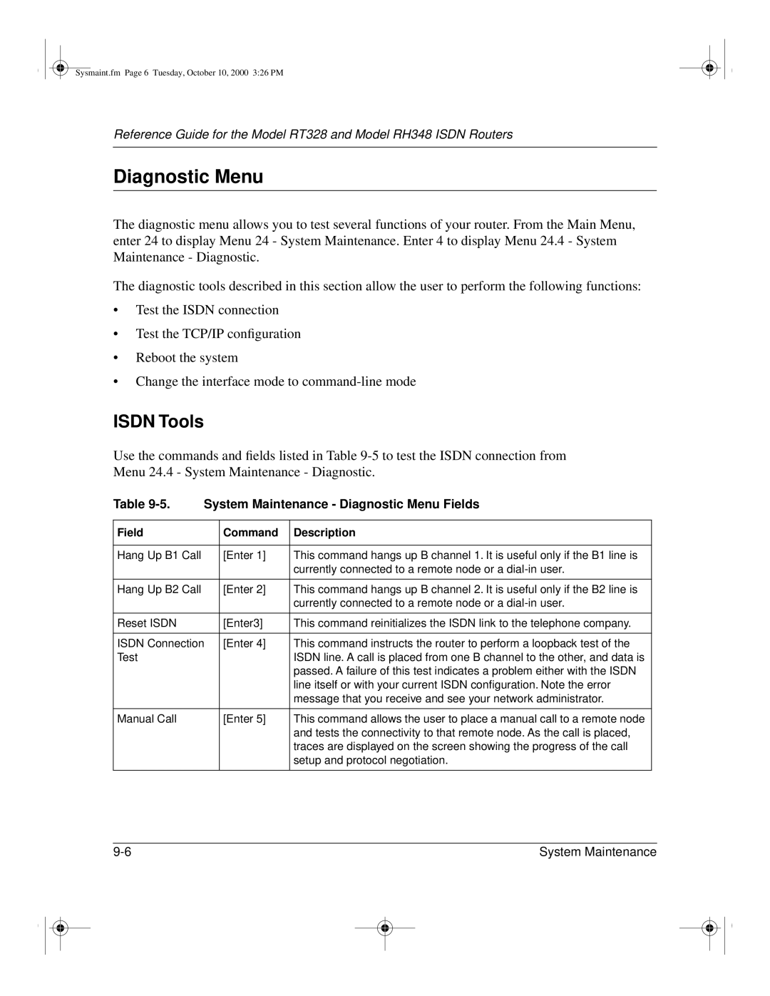 NETGEAR RT328 manual Isdn Tools, System Maintenance Diagnostic Menu Fields 