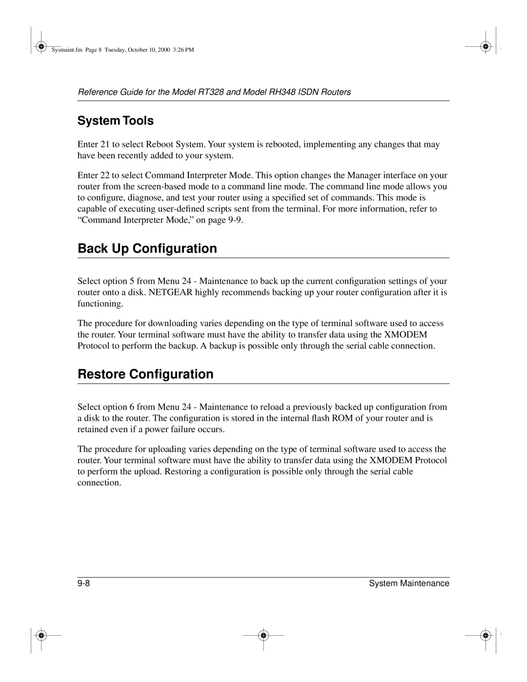 NETGEAR RT328 manual Back Up Conﬁguration, Restore Conﬁguration, System Tools 