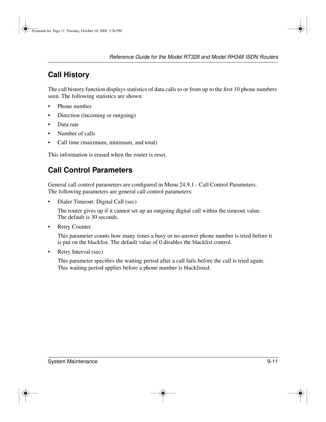 NETGEAR RT328 manual Call History, Call Control Parameters 