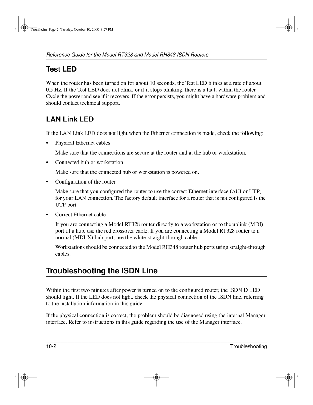 NETGEAR RT328 manual Troubleshooting the Isdn Line, Test LED, LAN Link LED, Should contact technical support 