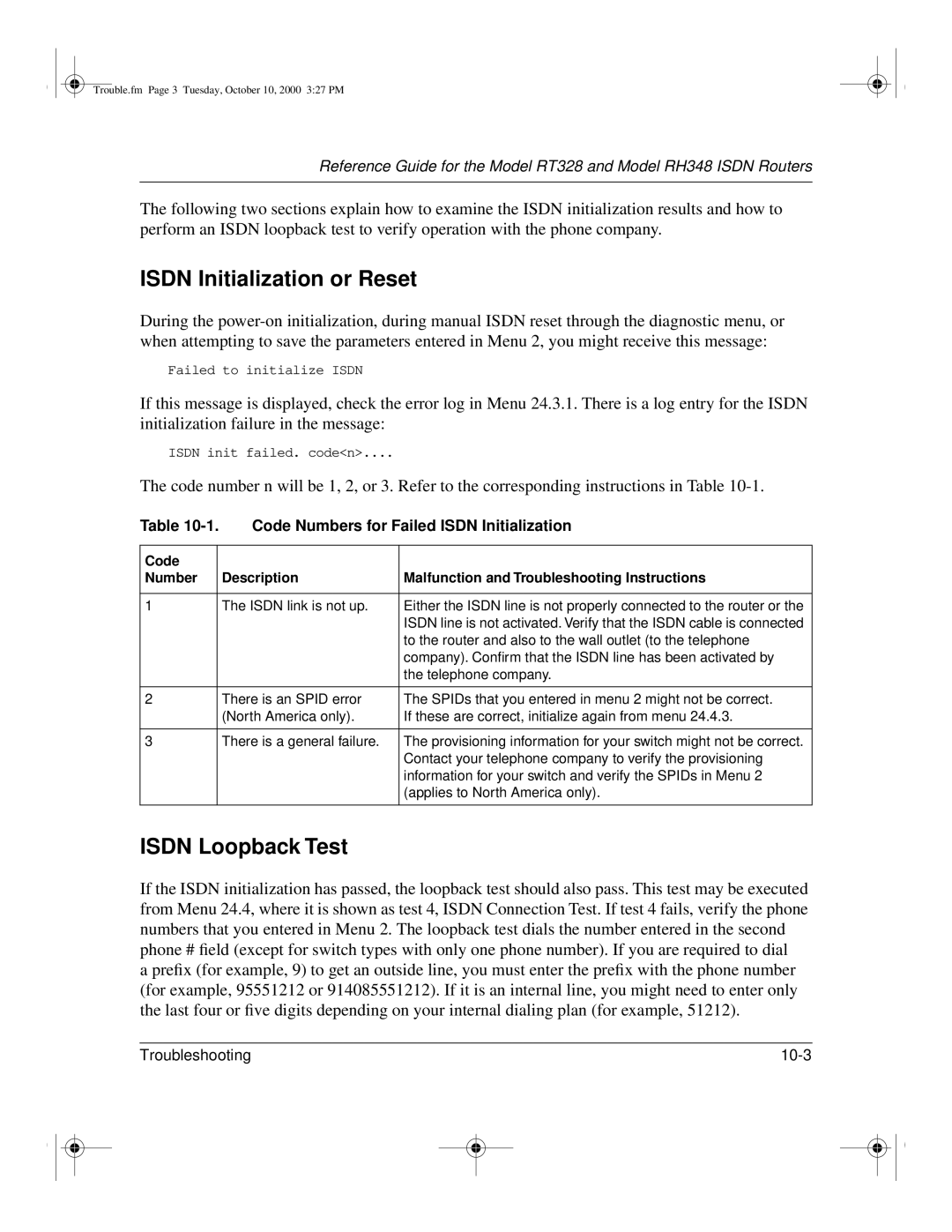 NETGEAR RT328 manual Isdn Initialization or Reset, Isdn Loopback Test, Code Numbers for Failed Isdn Initialization 