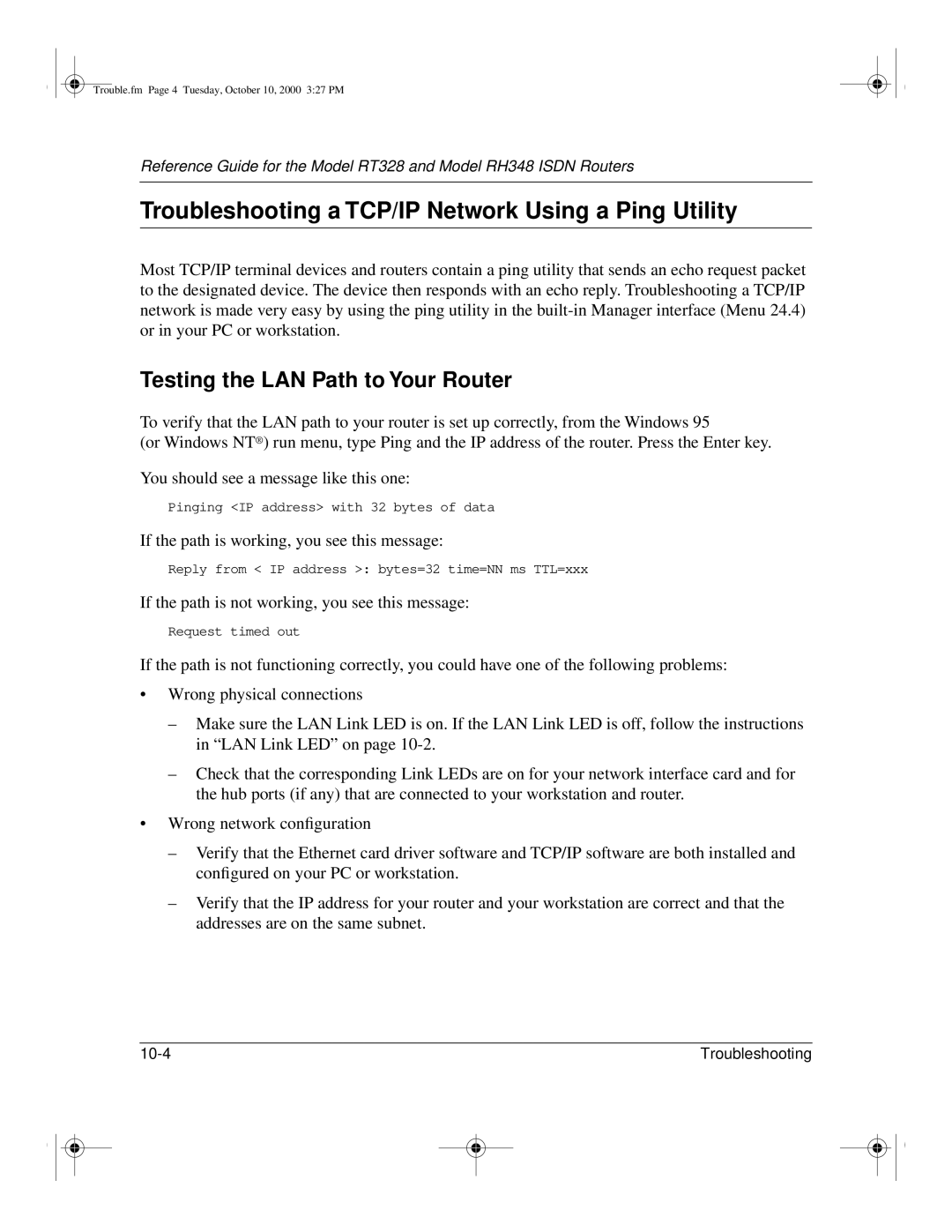 NETGEAR RT328 manual Troubleshooting a TCP/IP Network Using a Ping Utility, Testing the LAN Path to Your Router 