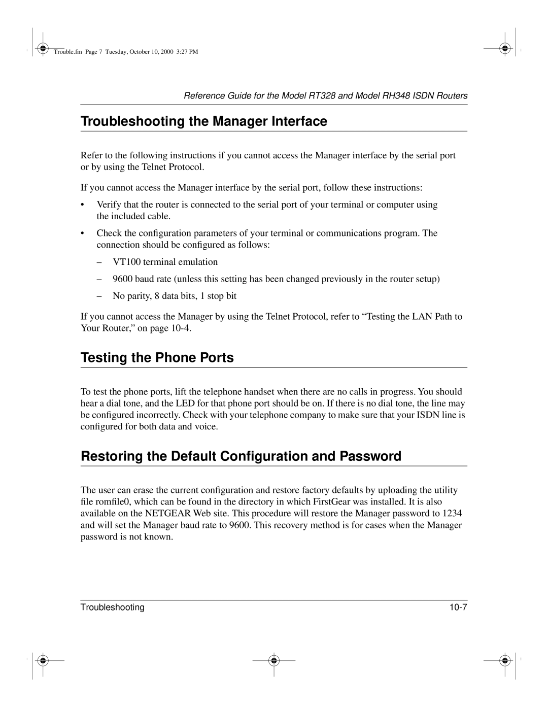 NETGEAR RT328 manual Troubleshooting the Manager Interface, Testing the Phone Ports 