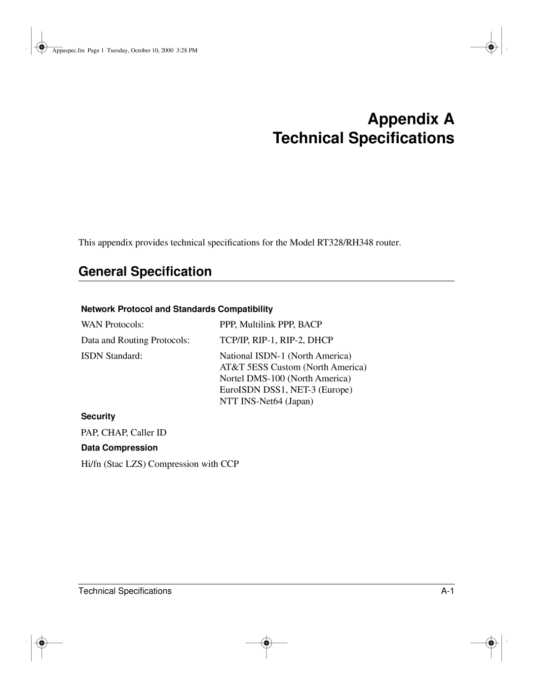 NETGEAR RT328 manual Appendix a Technical Speciﬁcations, General Speciﬁcation, WAN Protocols PPP, Multilink PPP, Bacp 