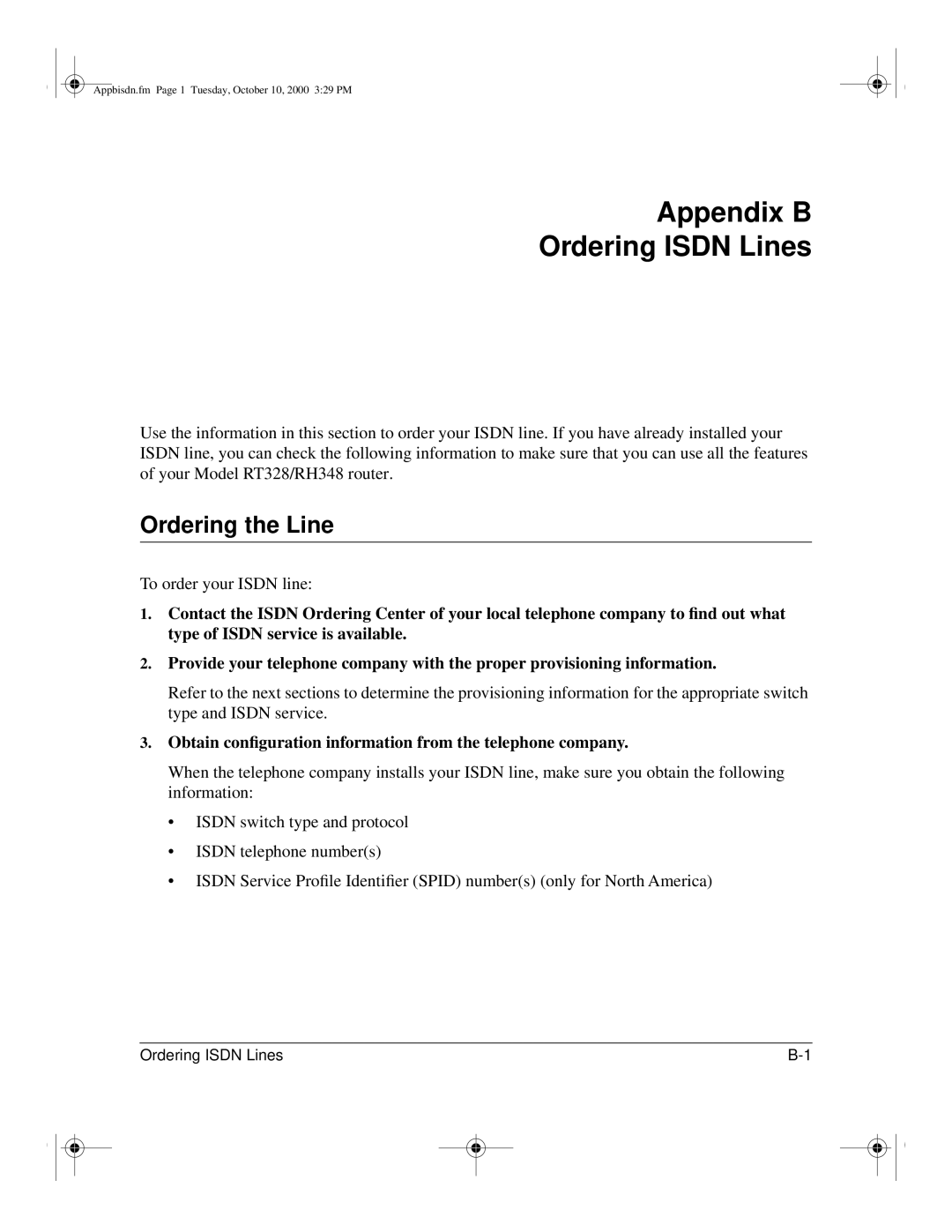 NETGEAR RT328 manual Appendix B Ordering Isdn Lines, Ordering the Line, To order your Isdn line 