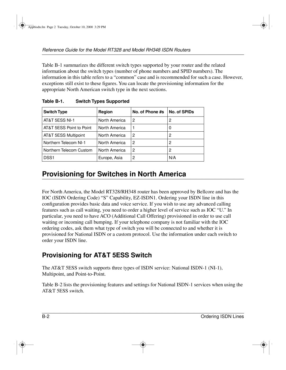 NETGEAR RT328 manual Provisioning for Switches in North America, Provisioning for AT&T 5ESS Switch 