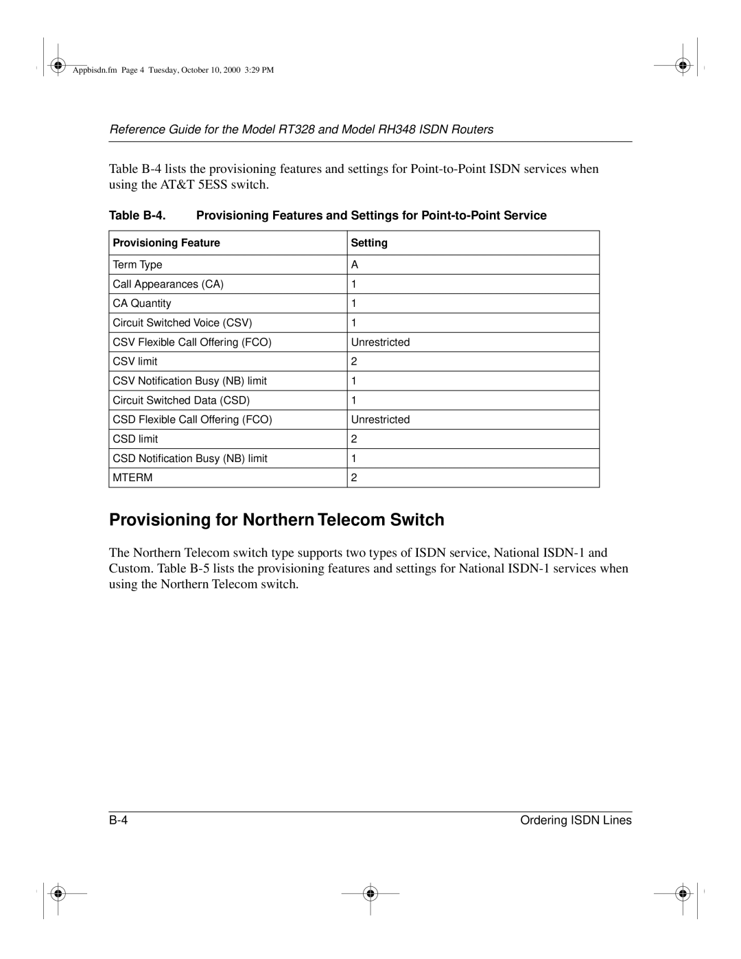 NETGEAR RT328 manual Provisioning for Northern Telecom Switch 