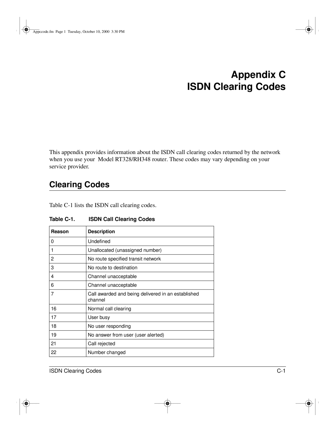 NETGEAR RT328 manual Appendix C Isdn Clearing Codes, Table C-1 lists the Isdn call clearing codes, Reason Description 