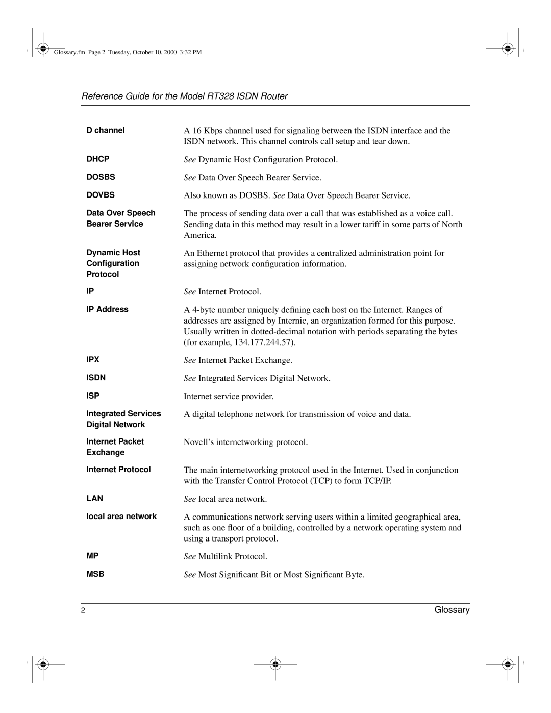 NETGEAR RT328 manual Data Over Speech, Bearer Service, Dynamic Host, Conﬁguration, IP Address, Integrated Services 