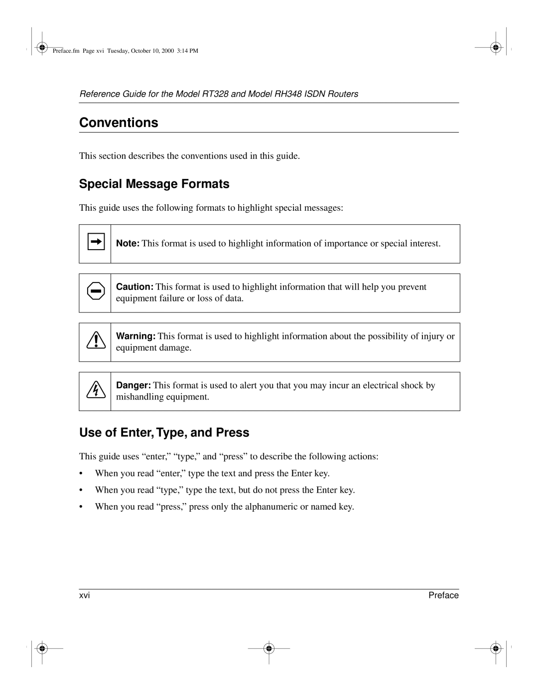 NETGEAR RT328 manual Conventions, Special Message Formats, Use of Enter, Type, and Press 