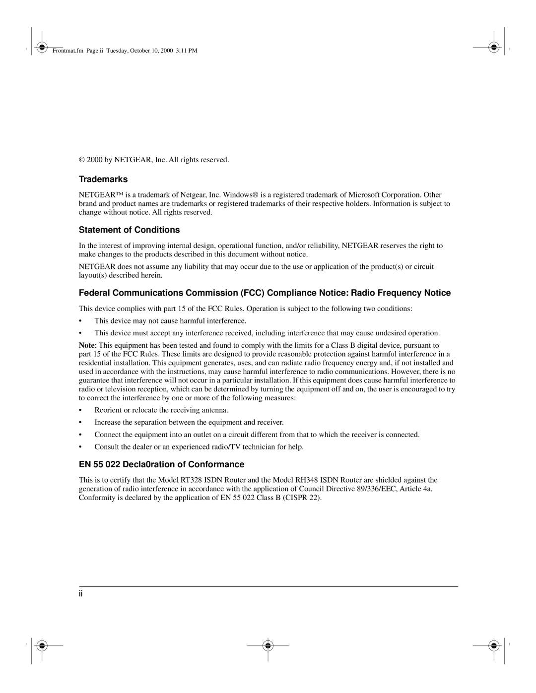 NETGEAR RT328 manual Trademarks, Statement of Conditions, EN 55 022 Decla0ration of Conformance 