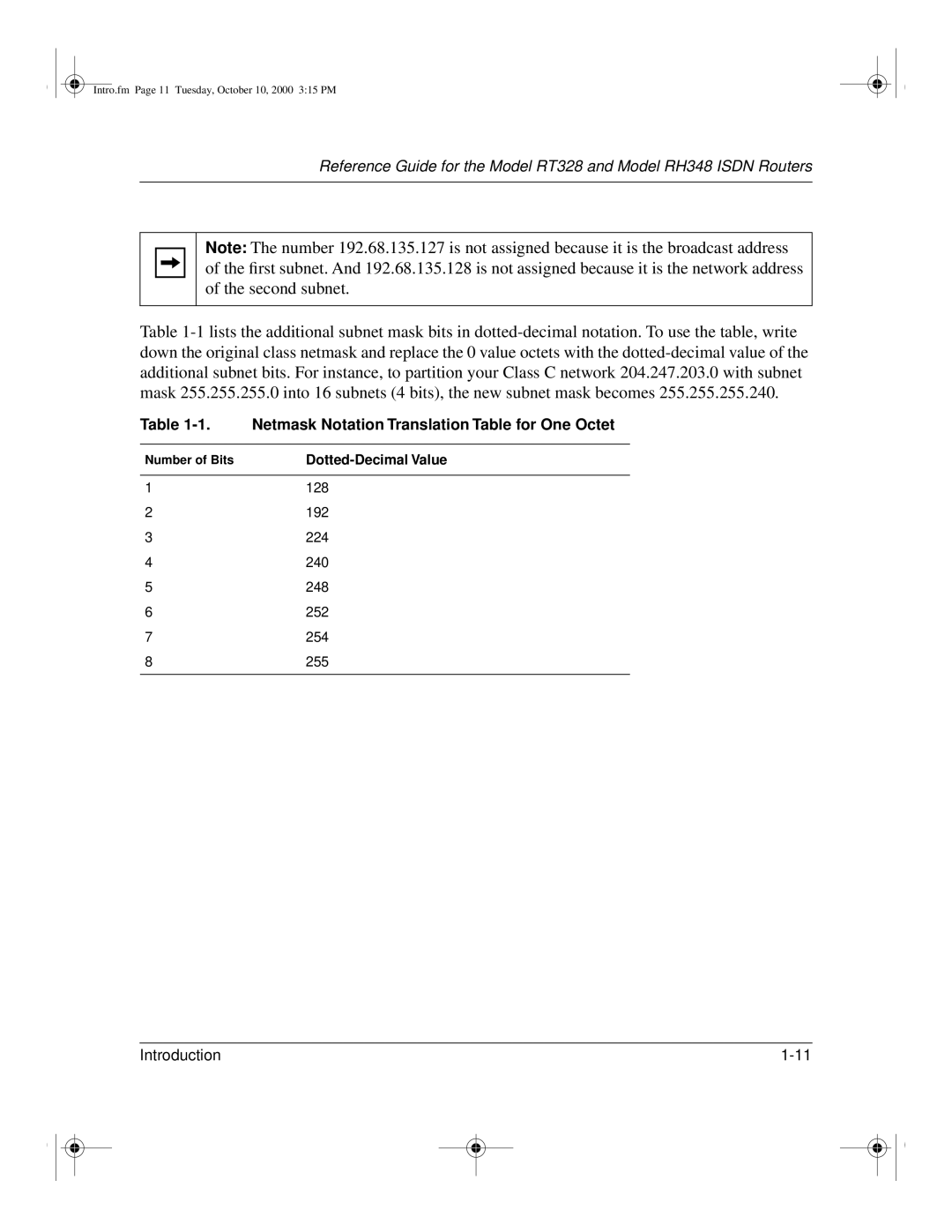 NETGEAR RT328 manual Netmask Notation Translation Table for One Octet 