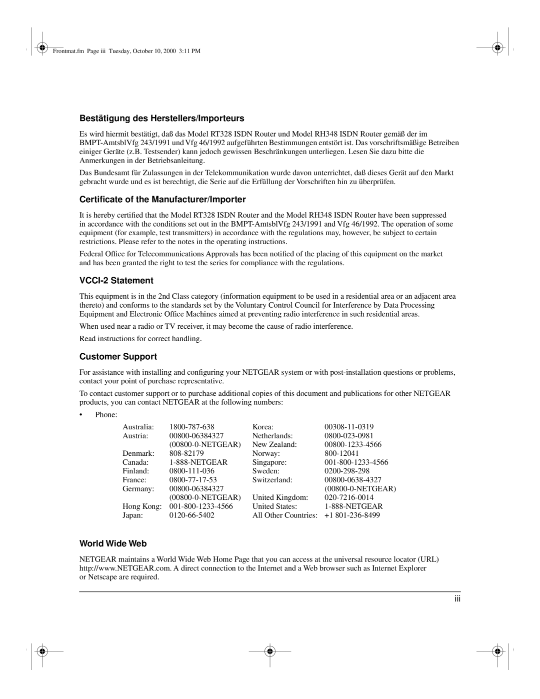 NETGEAR RT328 manual Bestätigung des Herstellers/Importeurs, Certiﬁcate of the Manufacturer/Importer, VCCI-2 Statement 