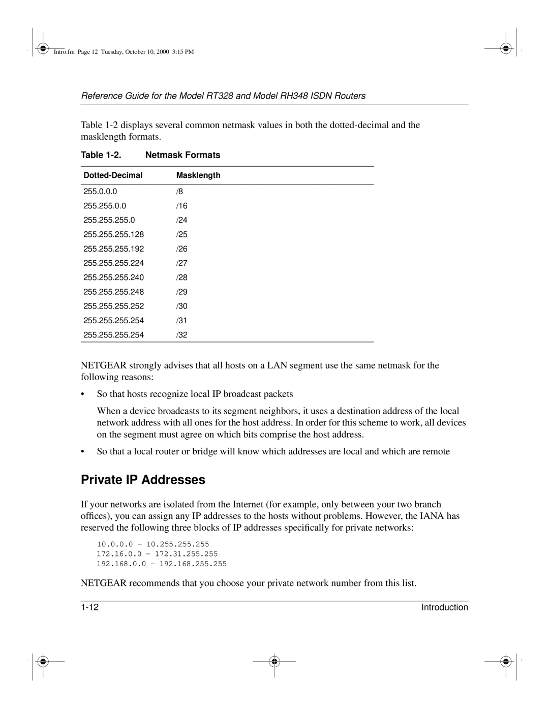 NETGEAR RT328 manual Private IP Addresses, Netmask Formats, Dotted-Decimal Masklength 