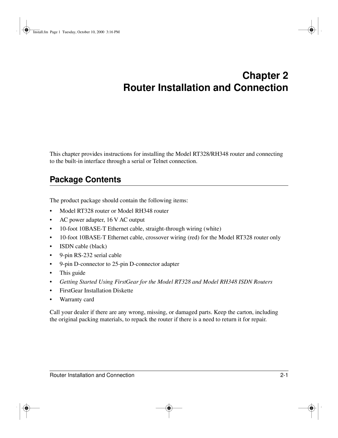 NETGEAR RT328 manual Chapter Router Installation and Connection, Package Contents 