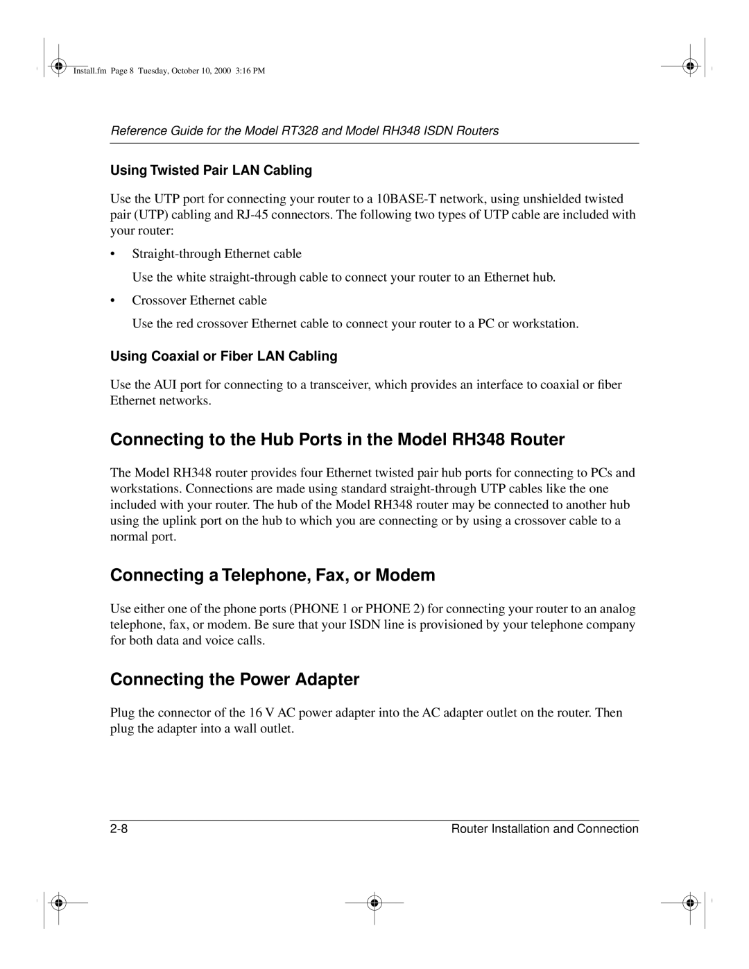 NETGEAR RT328 manual Connecting to the Hub Ports in the Model RH348 Router, Connecting a Telephone, Fax, or Modem 