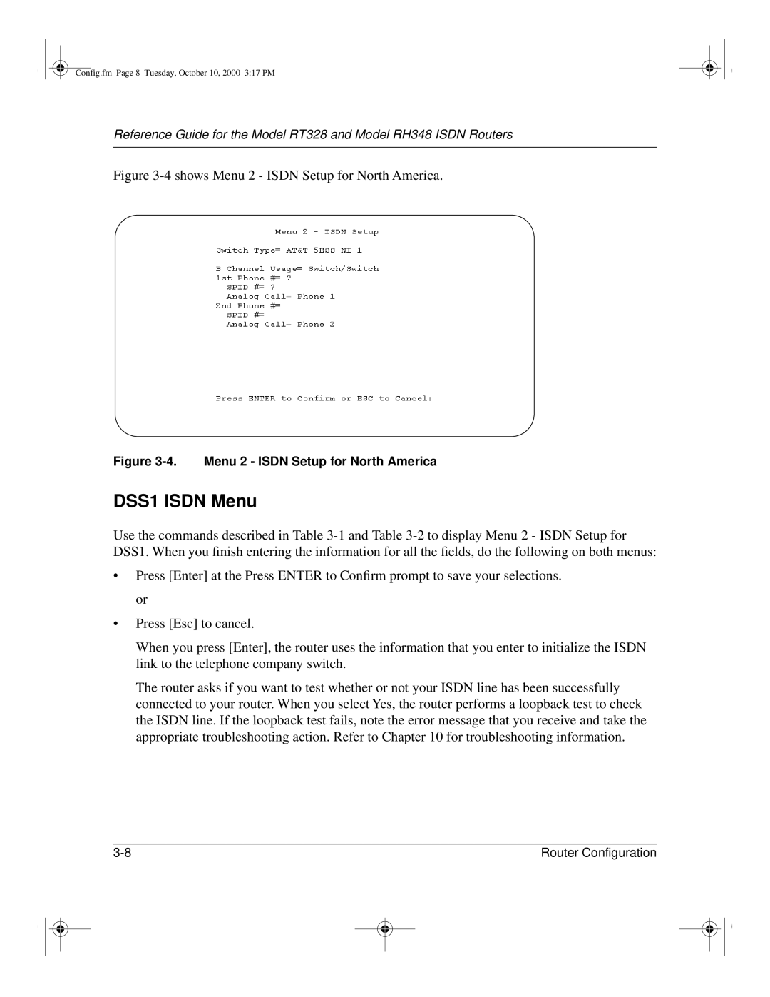 NETGEAR RT328 manual DSS1 Isdn Menu, Shows Menu 2 Isdn Setup for North America 