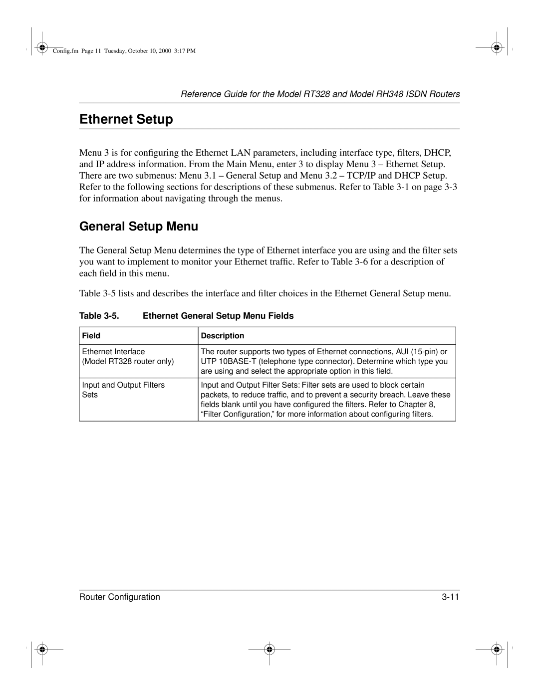 NETGEAR RT328 manual Ethernet Setup, Ethernet General Setup Menu Fields 