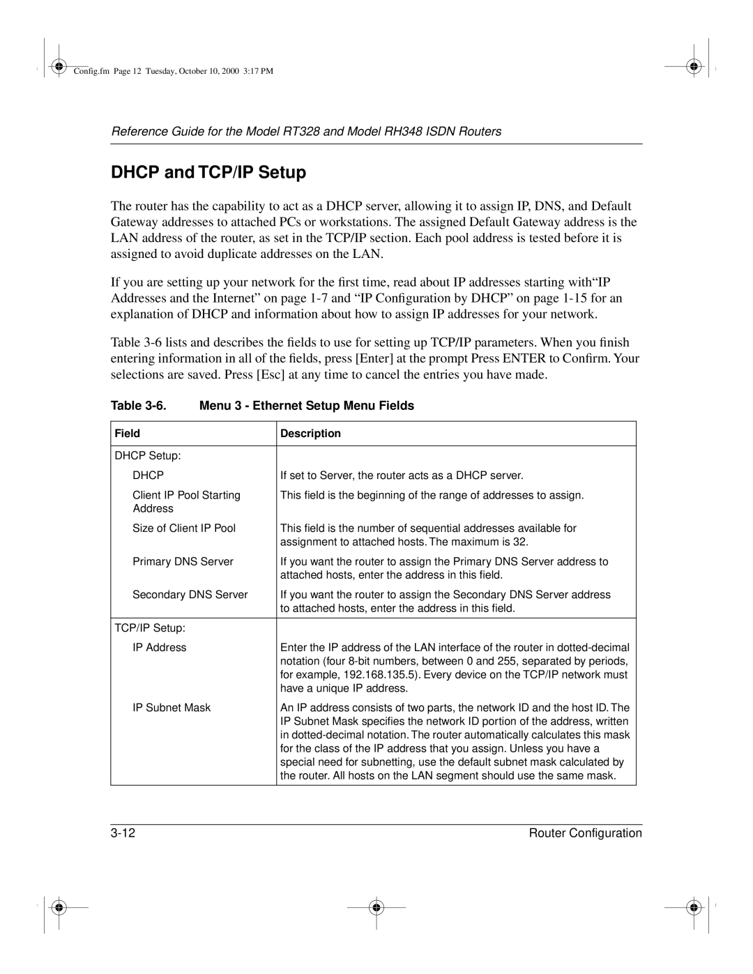 NETGEAR RT328 manual Dhcp and TCP/IP Setup, Menu 3 Ethernet Setup Menu Fields 