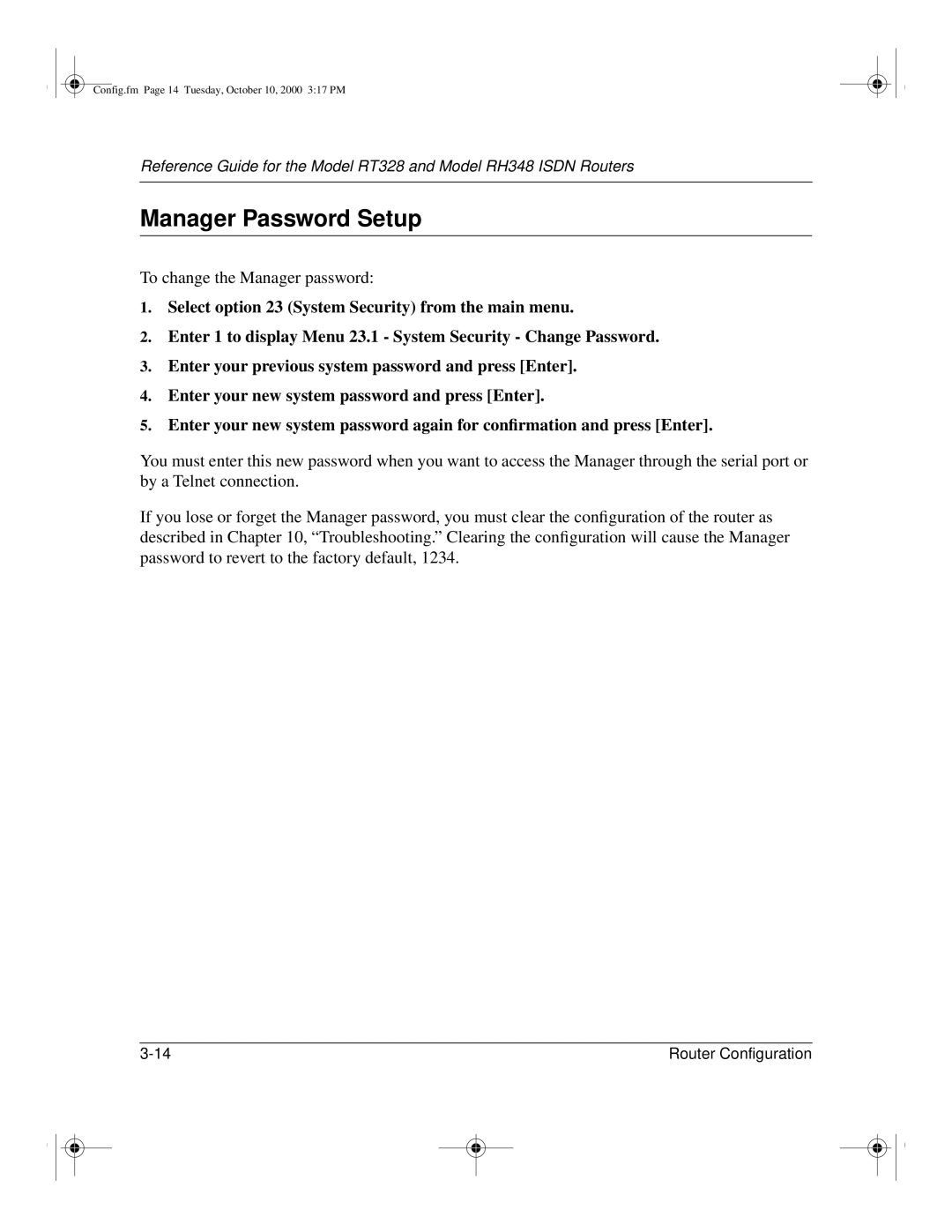 NETGEAR RT328 manual Manager Password Setup, To change the Manager password 