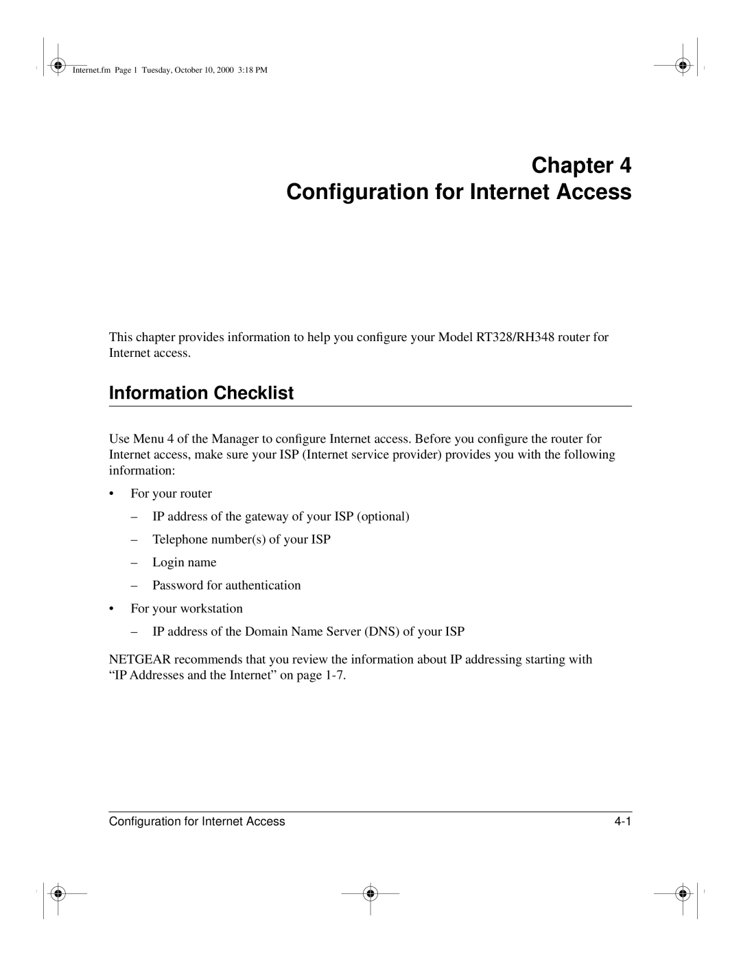 NETGEAR RT328 manual Chapter Conﬁguration for Internet Access, Information Checklist 