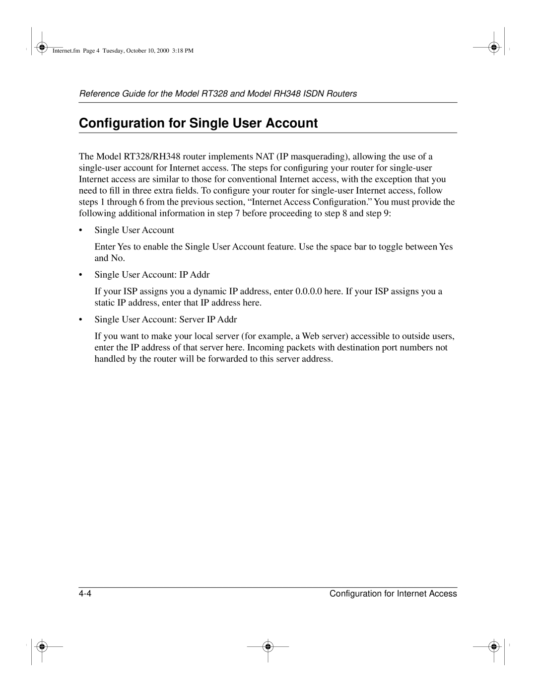 NETGEAR RT328 manual Conﬁguration for Single User Account, Single User Account Server IP Addr 