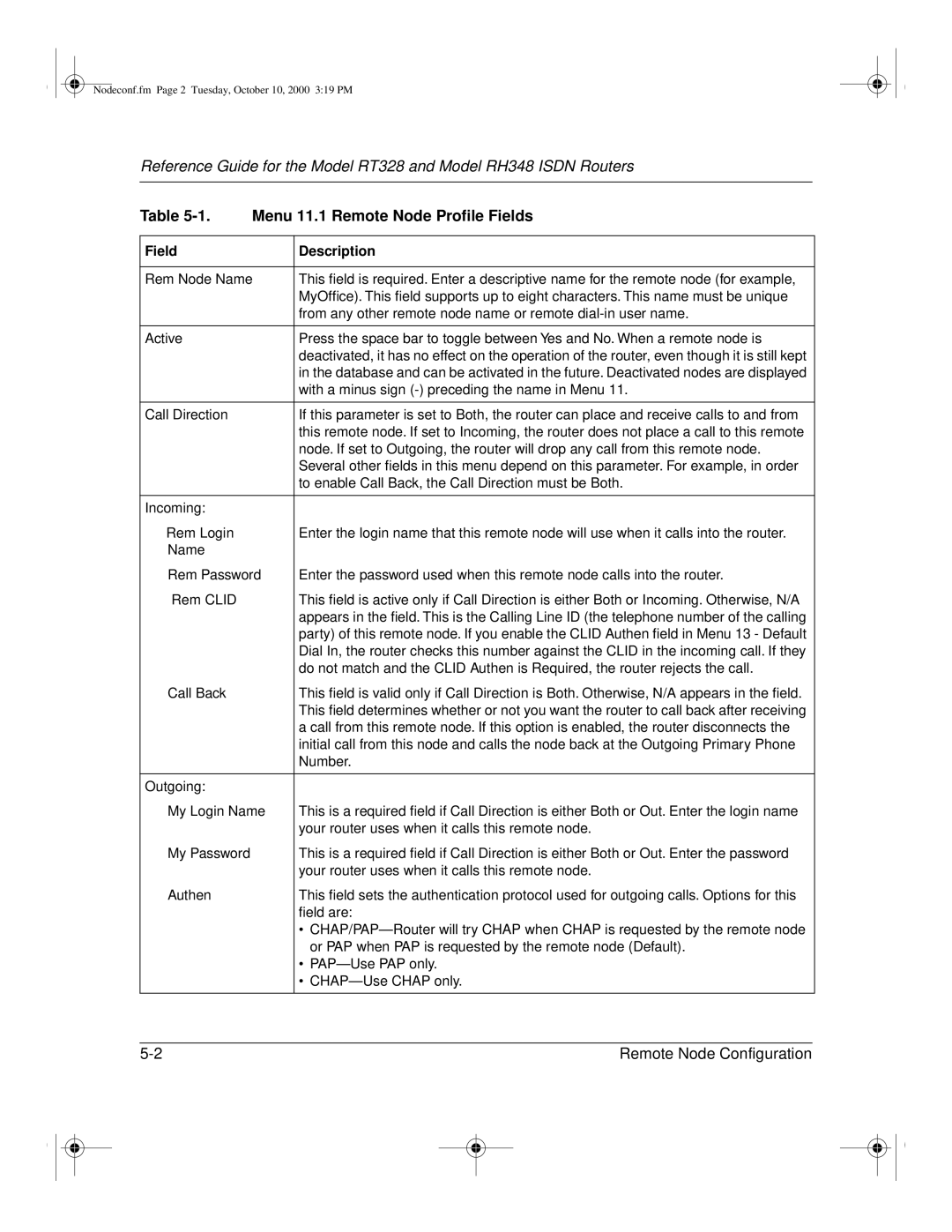 NETGEAR RT328 manual Menu 11.1 Remote Node Proﬁle Fields, Field Description 