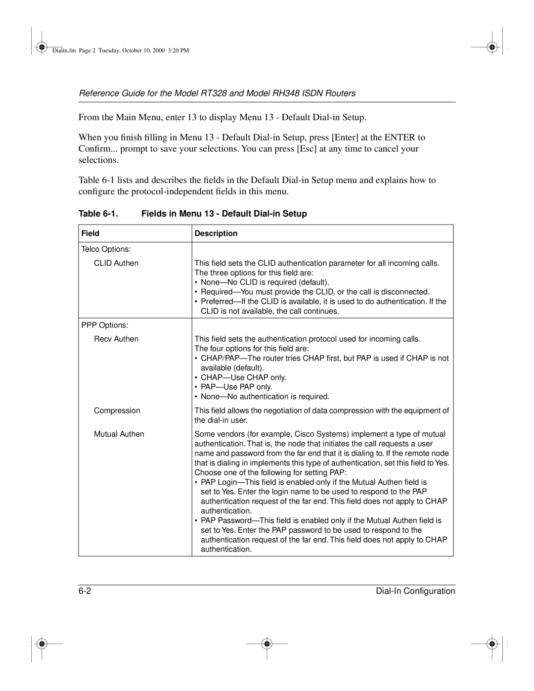 NETGEAR RT328 manual Fields in Menu 13 Default Dial-in Setup, Field Description 