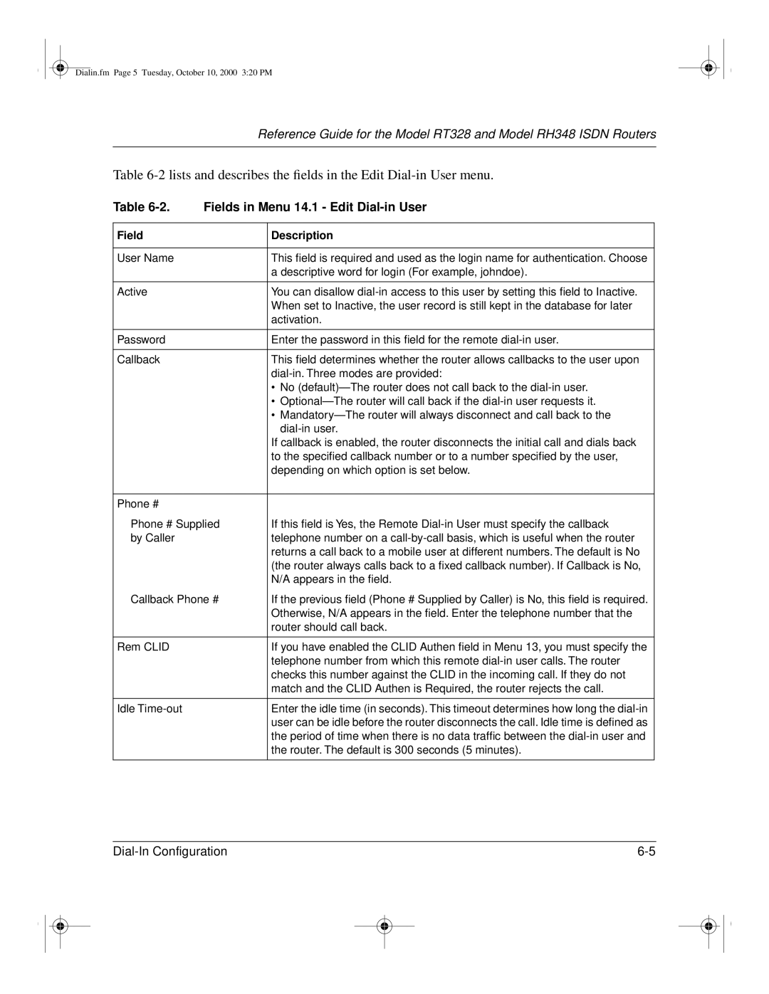 NETGEAR RT328 manual Lists and describes the ﬁelds in the Edit Dial-in User menu, Fields in Menu 14.1 Edit Dial-in User 