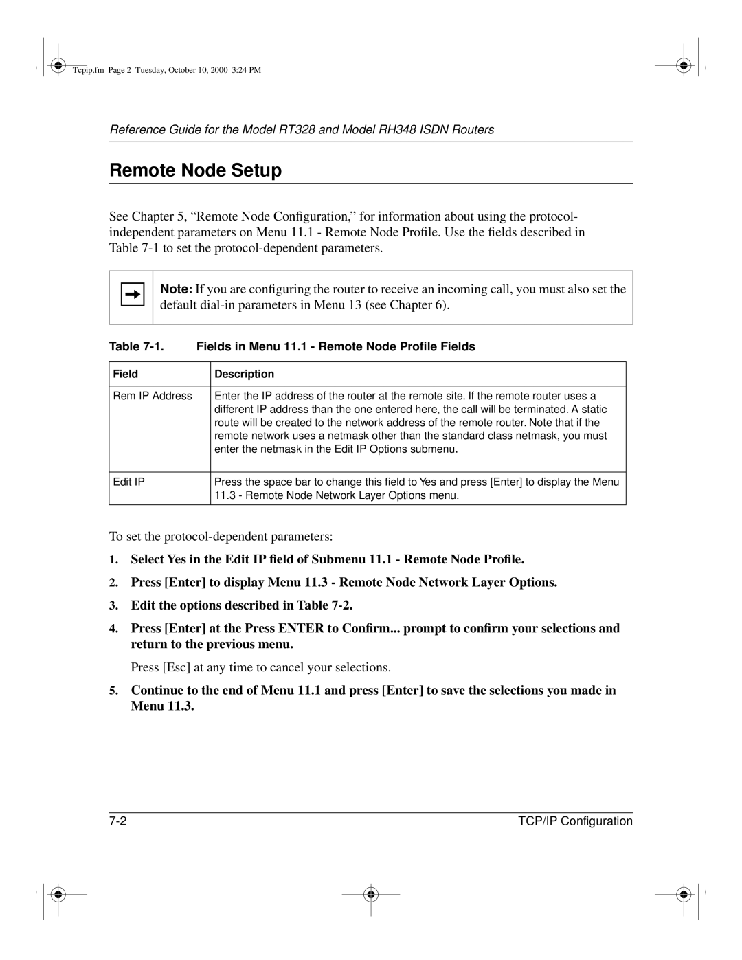 NETGEAR RT328 Remote Node Setup, To set the protocol-dependent parameters, Fields in Menu 11.1 Remote Node Proﬁle Fields 