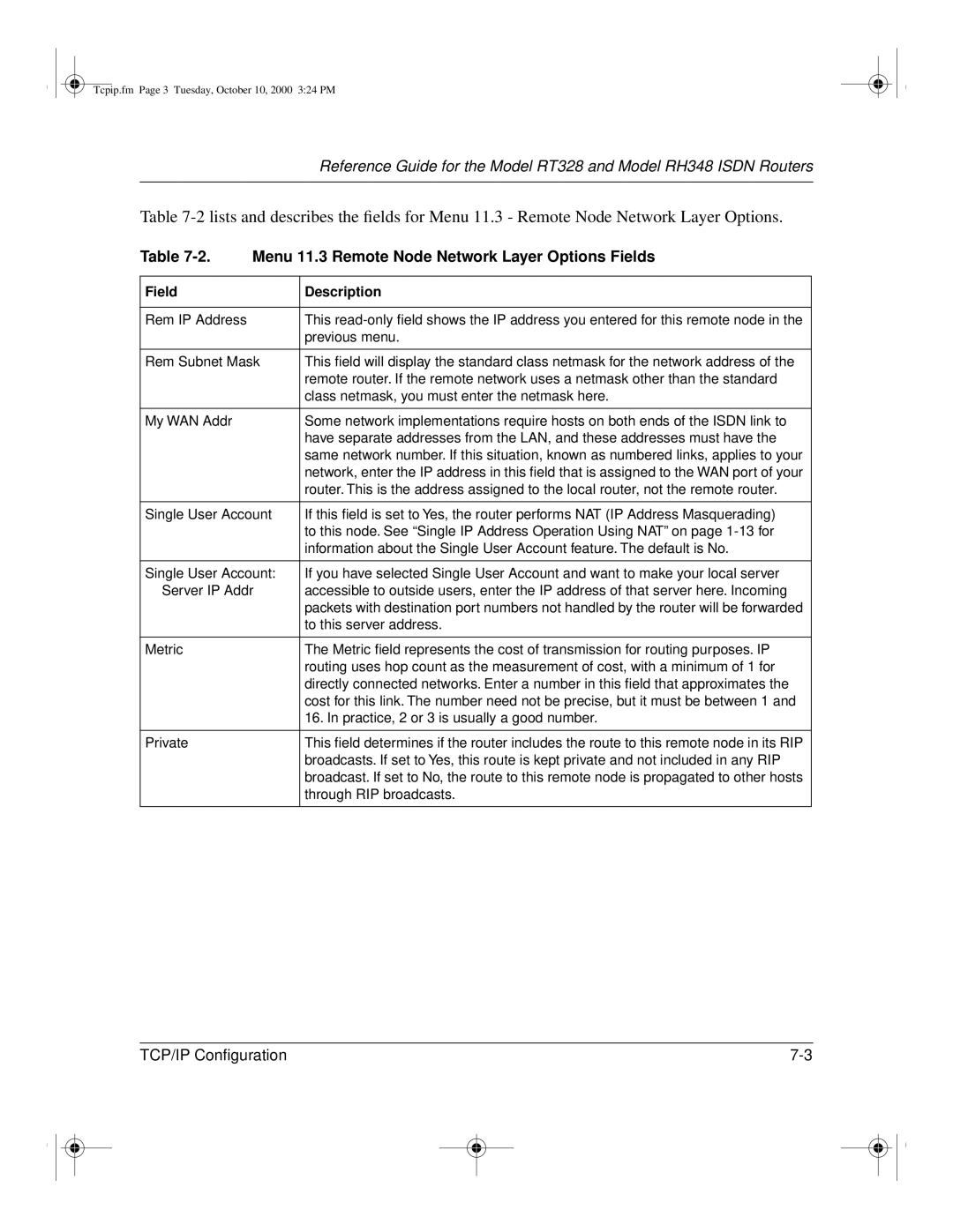 NETGEAR RT328 manual Menu 11.3 Remote Node Network Layer Options Fields 