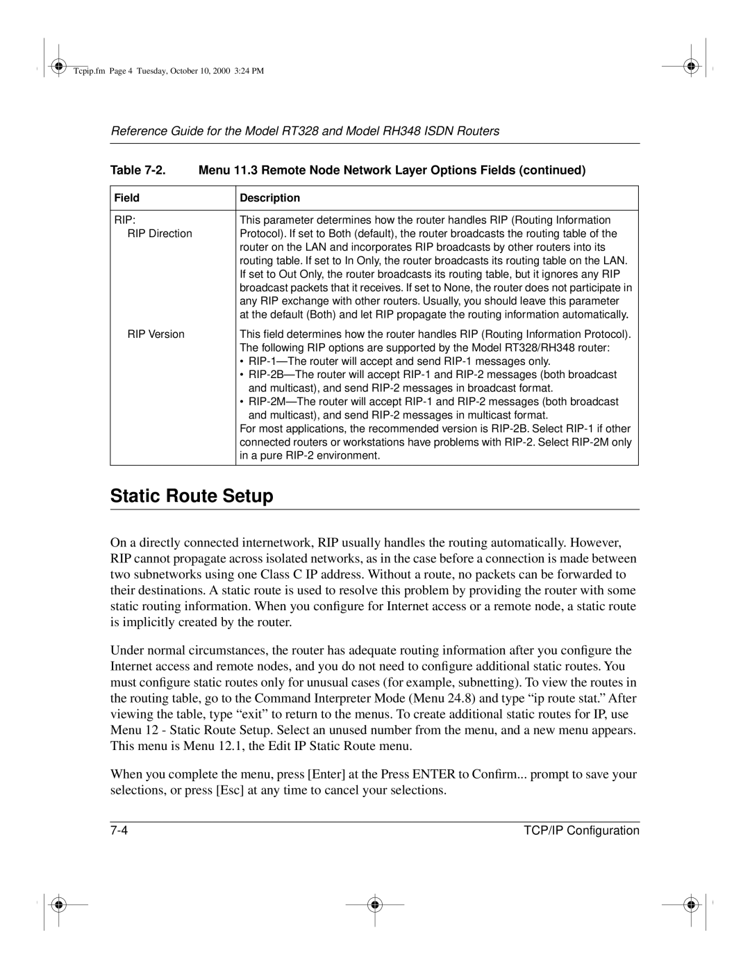 NETGEAR RT328 manual Static Route Setup, Rip 