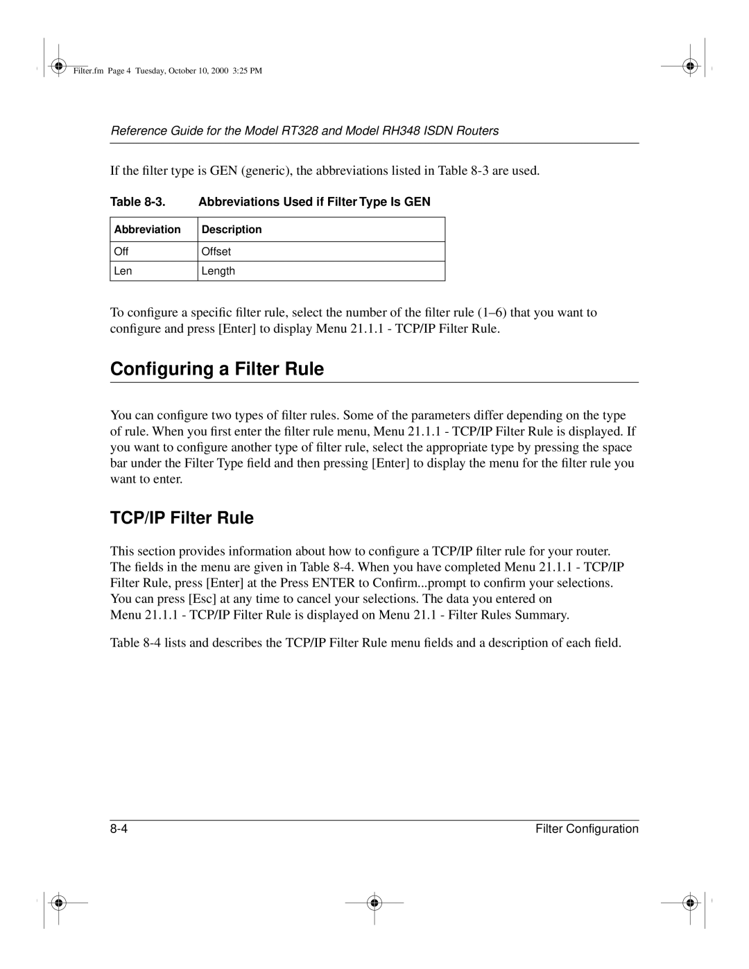 NETGEAR RT328 manual Conﬁguring a Filter Rule, TCP/IP Filter Rule, Abbreviations Used if Filter Type Is GEN 