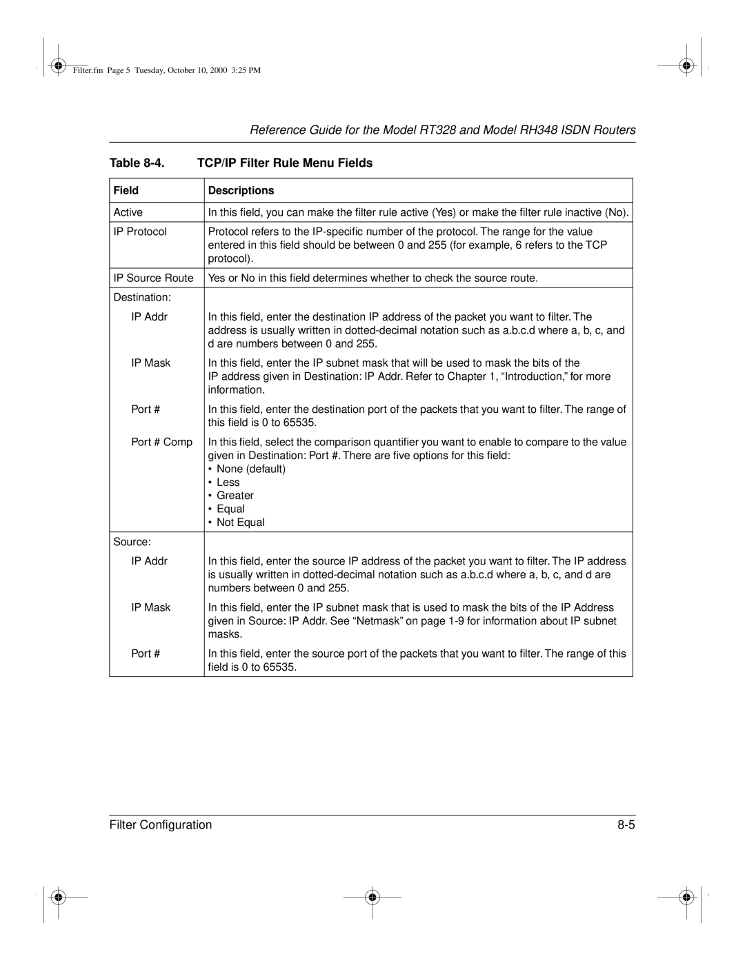 NETGEAR RT328 manual TCP/IP Filter Rule Menu Fields, Field Descriptions 