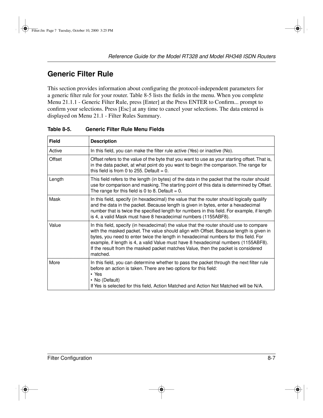 NETGEAR RT328 manual Generic Filter Rule Menu Fields 