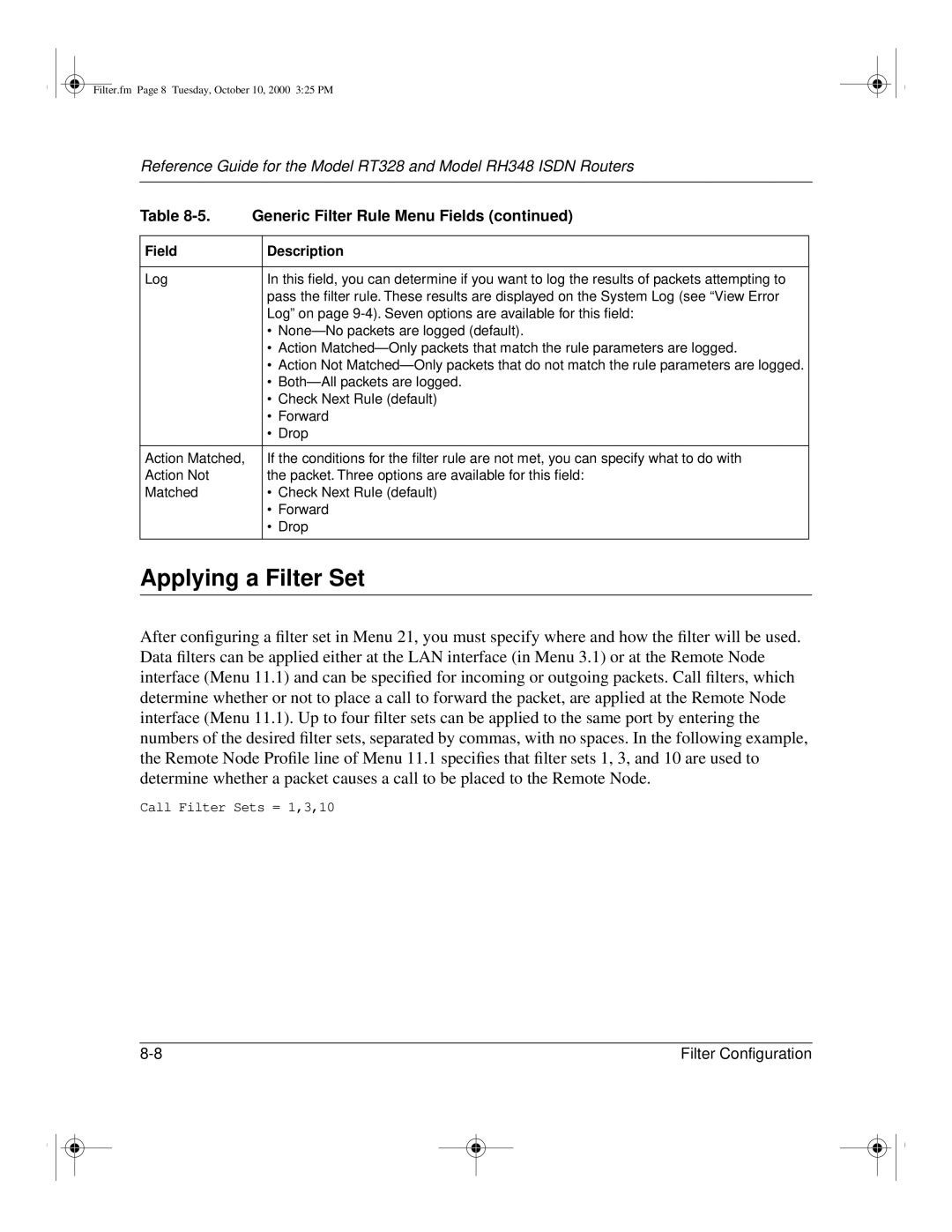 NETGEAR RT328 manual Applying a Filter Set 