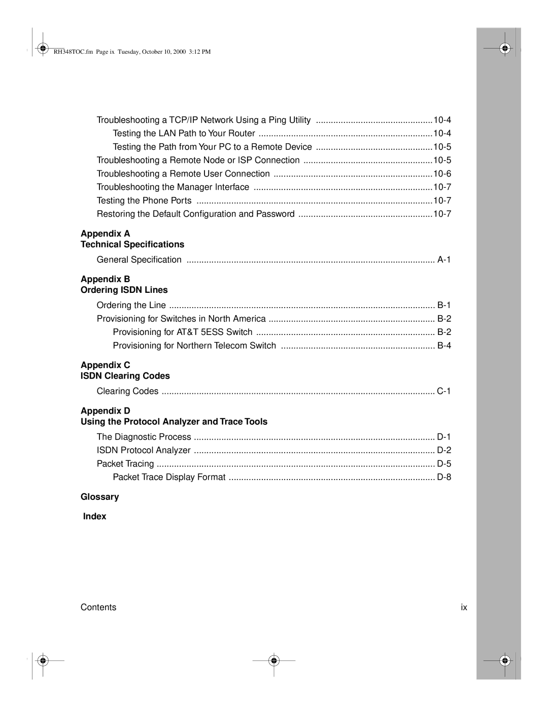 NETGEAR RT328 manual Appendix a Technical Speciﬁcations, Appendix B Ordering Isdn Lines, Appendix C Isdn Clearing Codes 