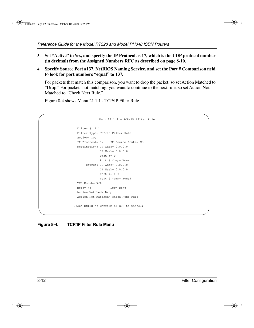 NETGEAR RT328 manual Shows Menu 21.1.1 TCP/IP Filter Rule 