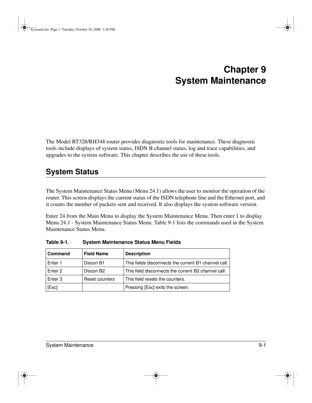 NETGEAR RT328 manual Chapter System Maintenance, System Status, System Maintenance Status Menu Fields 