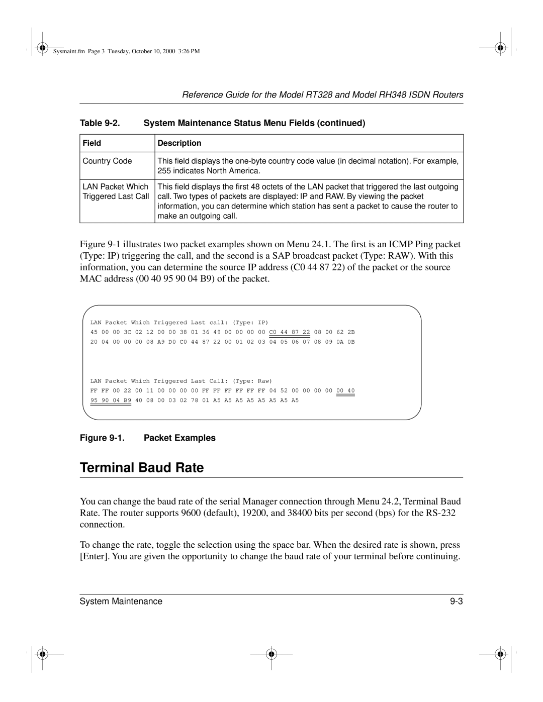 NETGEAR RT328 manual Terminal Baud Rate, Packet Examples 