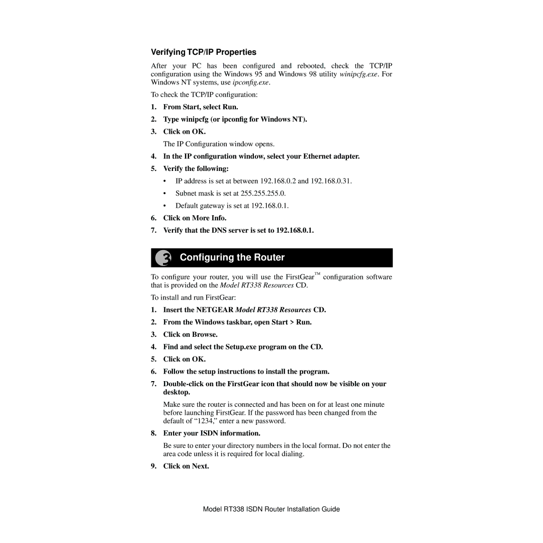 NETGEAR RT338 Configuring the Router, Verifying TCP/IP Properties, Click on More Info Verify that the DNS server is set to 