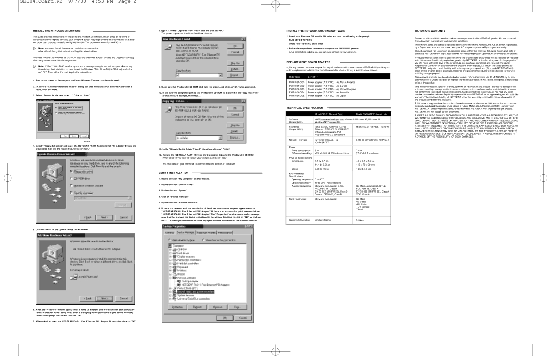 NETGEAR SB104 Install the Windows 98 Drivers, Verify Installation, Install the Network Sharing Software, Hardware Warranty 