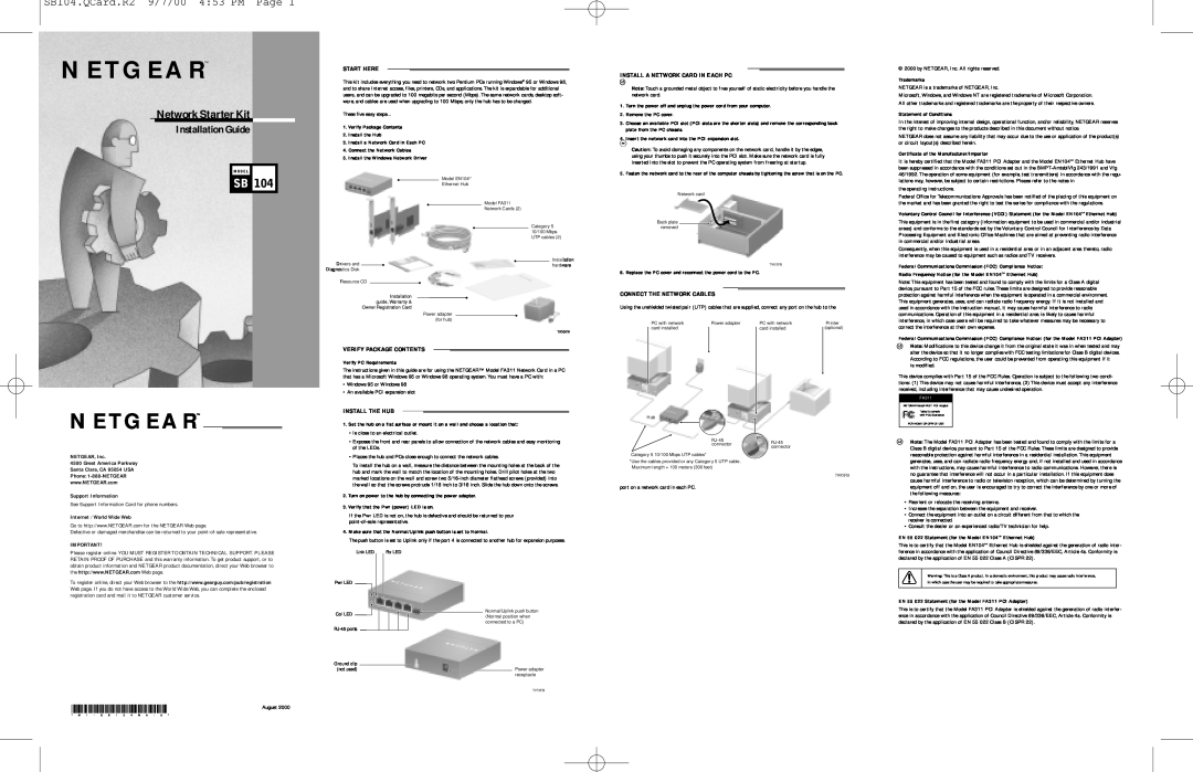 NETGEAR instruction manual SB104.QCard.R2 9/7/00 453 PM Page, Start Here, Install A Network Card In Each Pc 