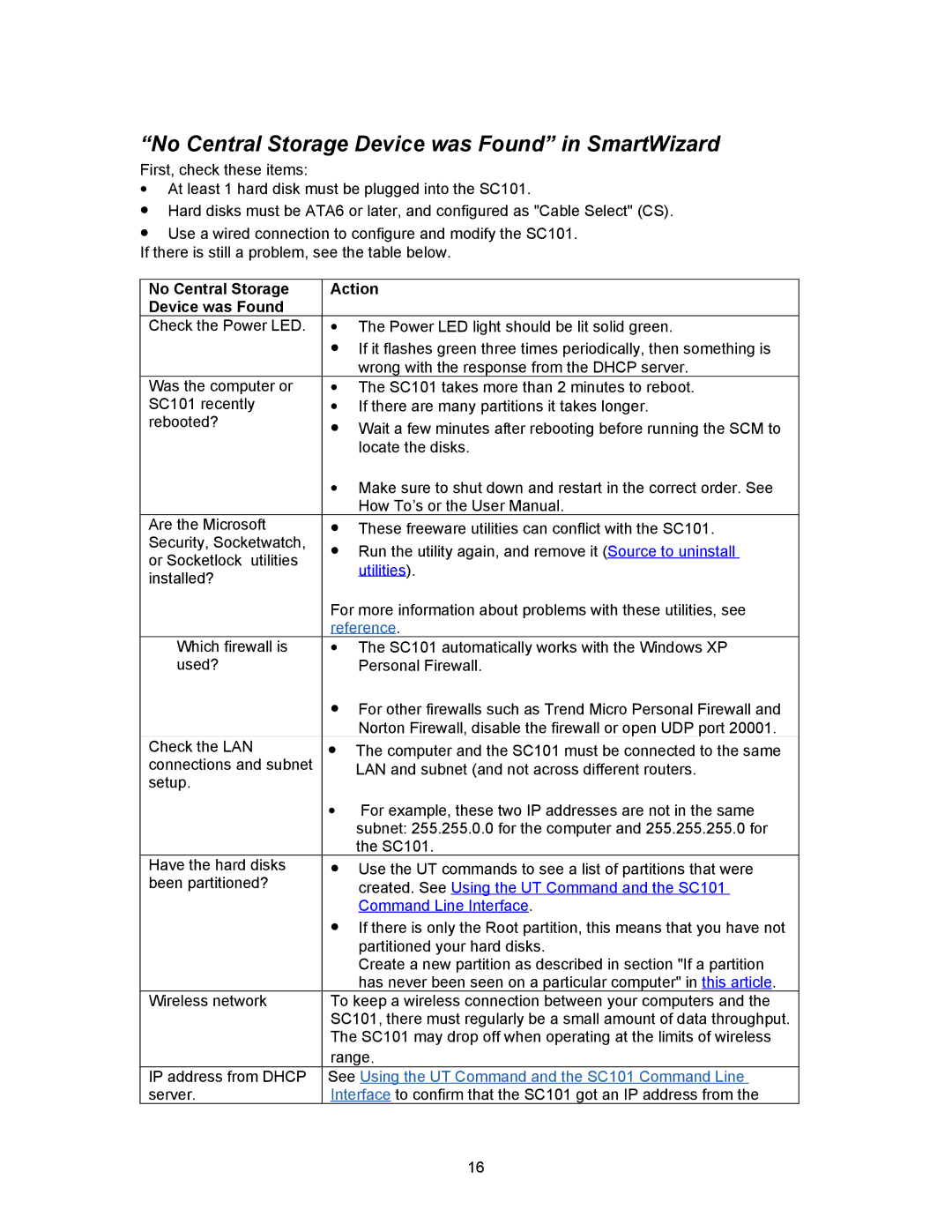 NETGEAR SC101 manual No Central Storage Device was Found in SmartWizard, No Central Storage Action Device was Found 