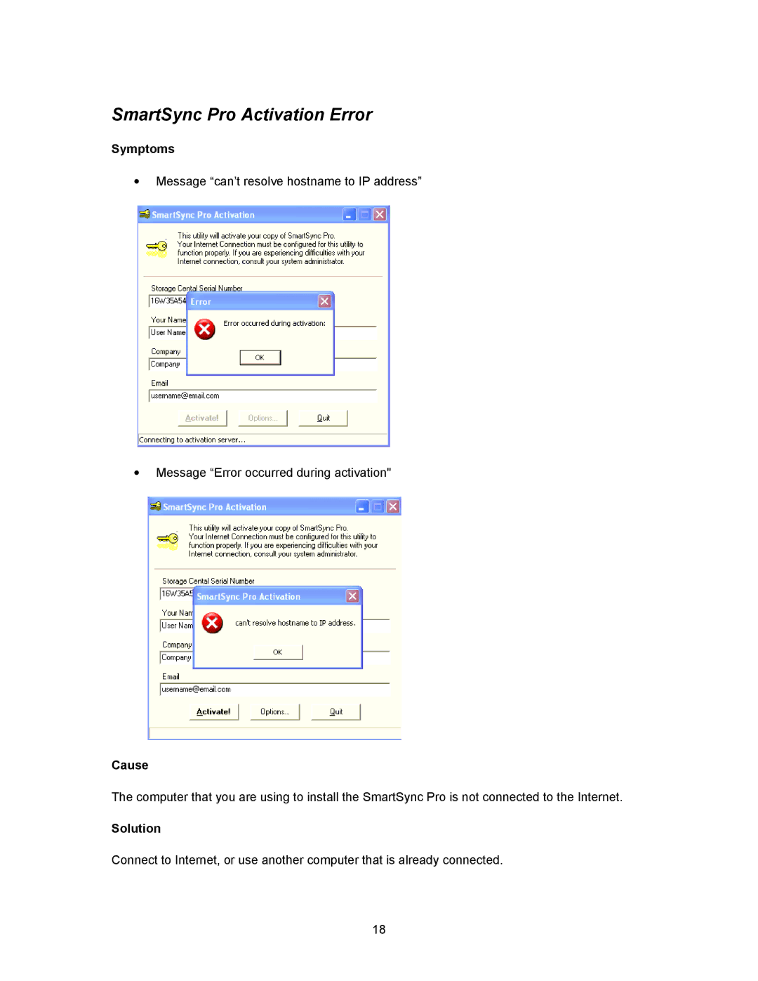 NETGEAR SC101 manual SmartSync Pro Activation Error, Symptoms, Cause 