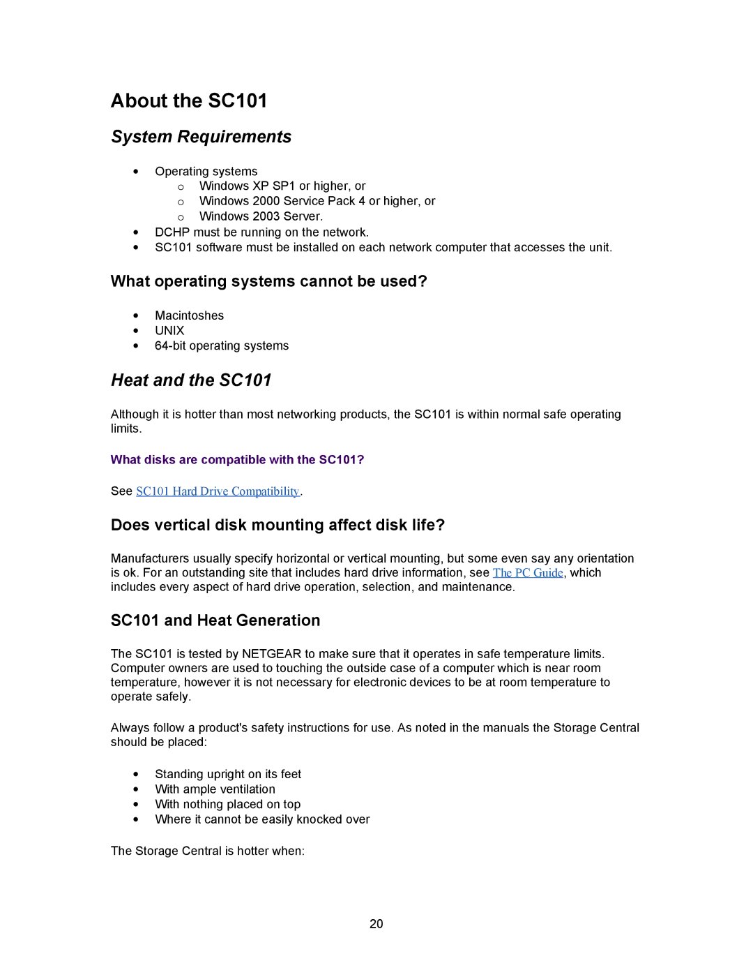 NETGEAR manual About the SC101, System Requirements, Heat and the SC101 